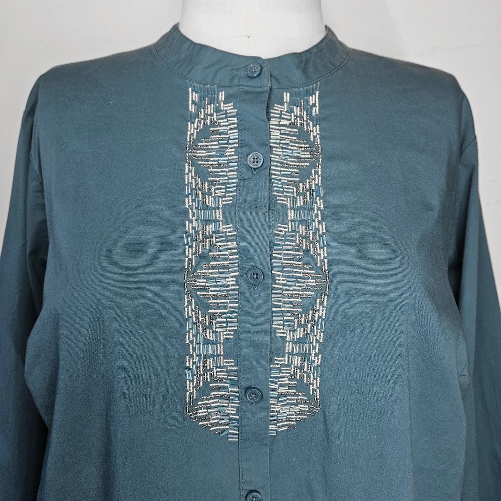 Dana Buchman Sze 2X Shirt Button Down 100% Cotton Beaded Mandarin Teal Turquoise